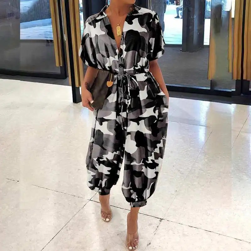 2025 Summer New Dot Leopard Print Jumpsuit Women Short Sleeve Leace-up Pocket Casual Jumpsuits Fashion Vintage Ladies Bodysuits