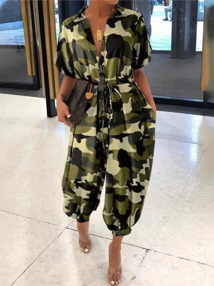 2025 Summer New Dot Leopard Print Jumpsuit Women Short Sleeve Leace-up Pocket Casual Jumpsuits Fashion Vintage Ladies Bodysuits