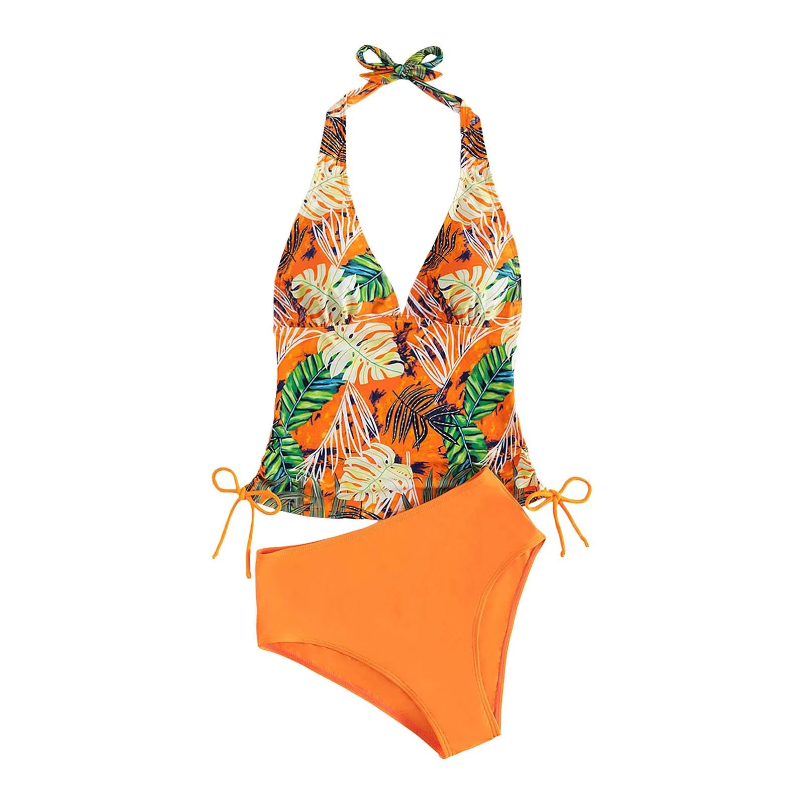 Sexy Halter Deep V Leaf Print Swimwear Ladies Large Size Covering Belly And Slimming Swimwear Triangle Solid Tie Split Swimsuit