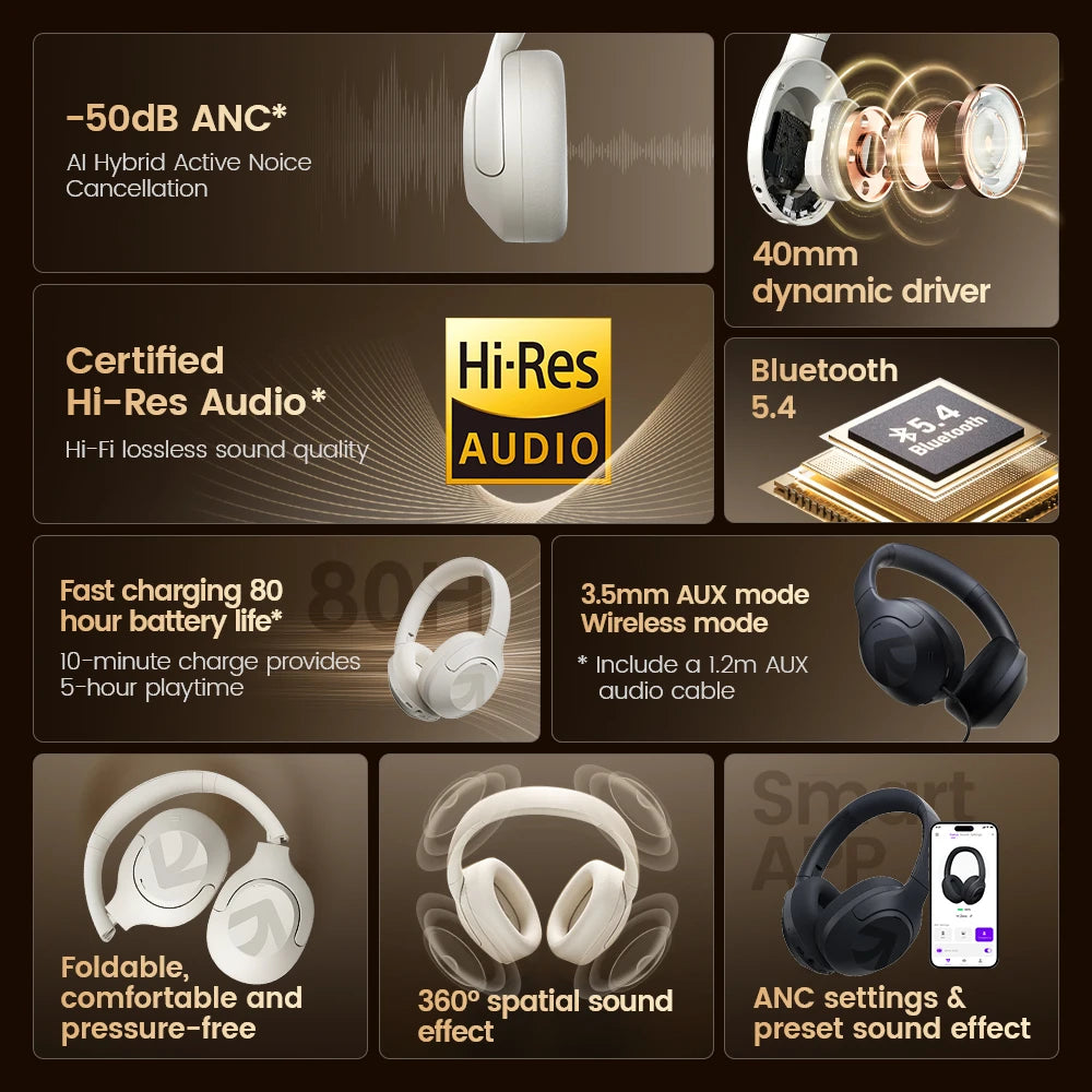 Filwans H Zero pro -50dB ANC Headphones Hi-Res AUDIO Wireless Bluetooth 5.4 5 Microphone Headset 3.5mm PC Gaming Gamer Earphones