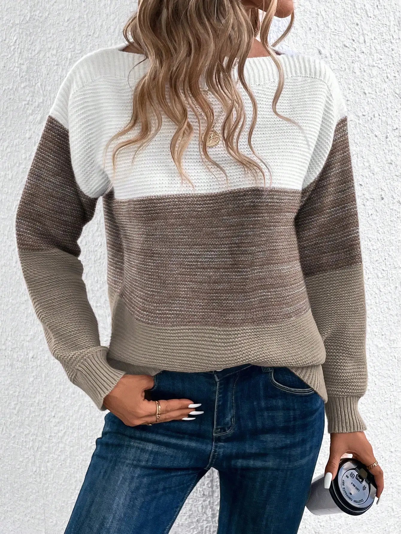 Elegant Three-color Patchwork Sweater Women Daily Commuter Casual Loose Jumpers Female Autumn Winter Knitted Thickened Warm Tops