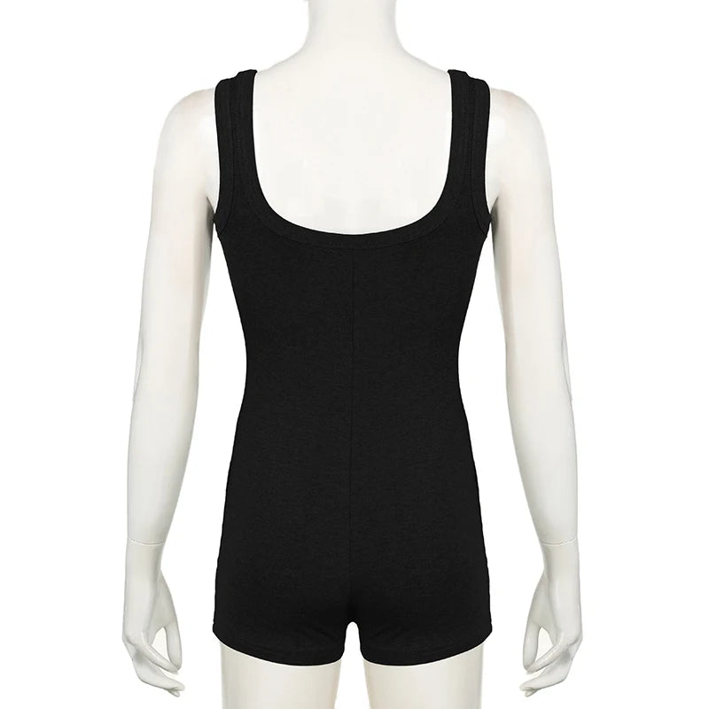 BIIKPIIK Solid Square Collar Women Rompers Casual Sleeveless Knit Playsuits Sporty Jogging Slim Fit Overalls Body-shaping Summer