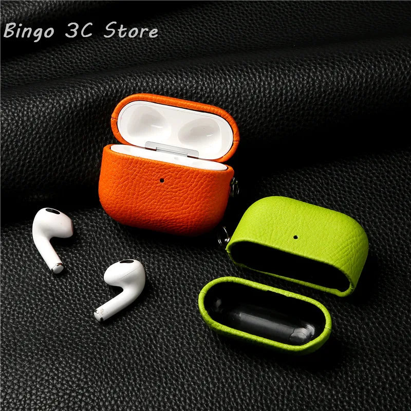Genuine Leather For AirpPods Pro 2 Case AirPods 1 2 3 cover Bluetooth Earphone Accessories Lychee Pattern Cowhide With Buckle