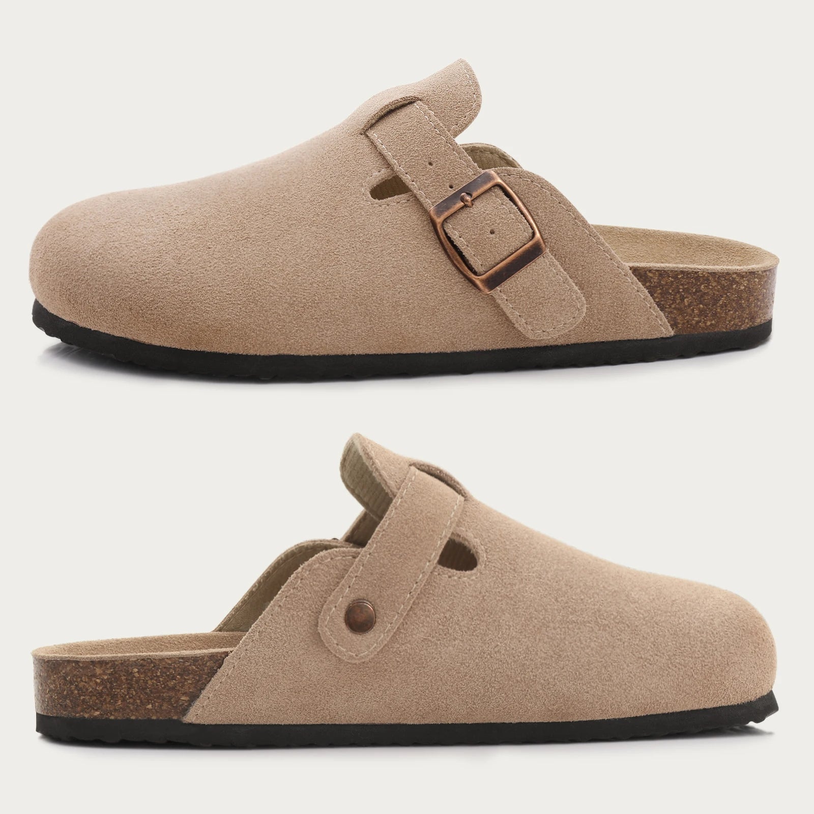 Comwarm Fashion Men's Suede Mules Slippers New Women Clogs Cork Insole Sandals With Arch Support Outdoor Beach Slides Home Shoes
