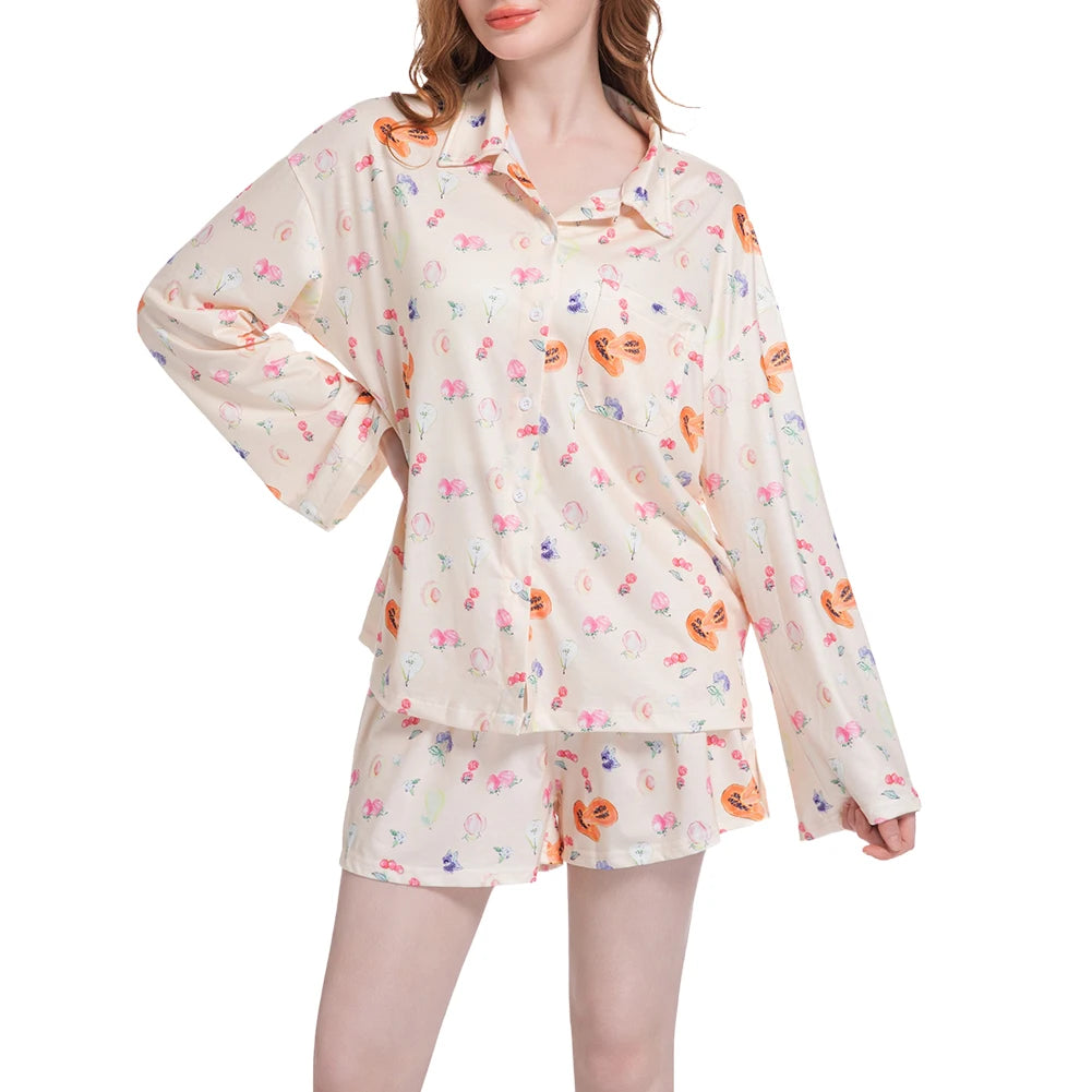 Women Fruit Print Pajamas Set Breathable Soft Loungewear Button Down Sleepwear Cute Pyjama Trousers Set for Loose Home Wear