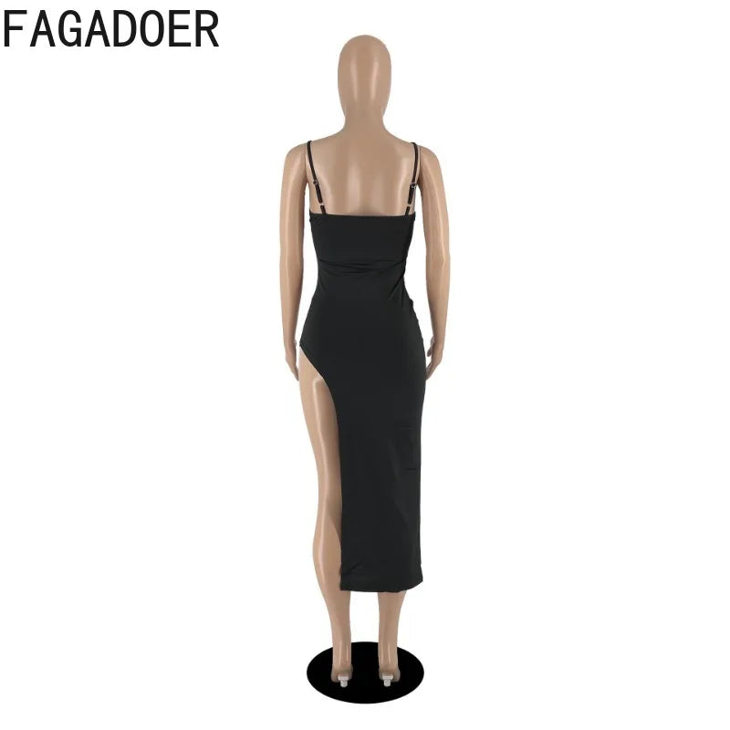 FAGADOER Sexy High Slit Bodycon Long Dress Women Solid Color Spaghetti Strap Backless Dresses Female Streetwear Vestidos 2025