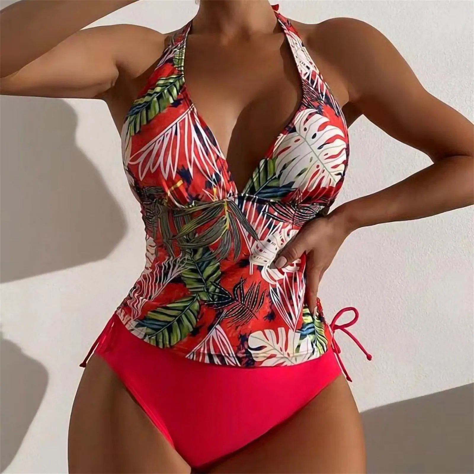 Sexy Halter Deep V Leaf Print Swimwear Ladies Large Size Covering Belly And Slimming Swimwear Triangle Solid Tie Split Swimsuit