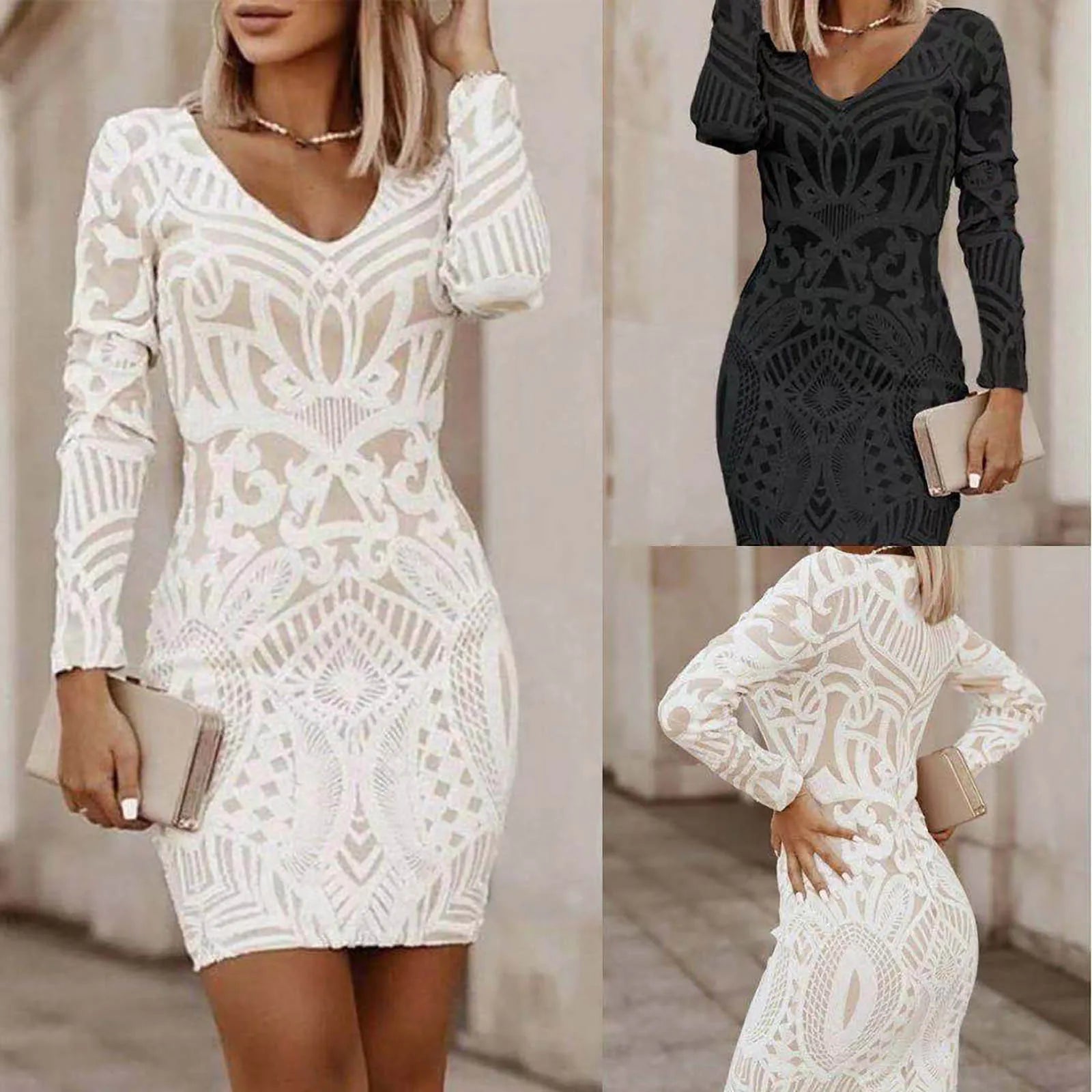 Women's Long Dresses V Neck Lace Slim Mini Dress Sexy Hips  Wrap Hollow Out Mini Dress Fashion Cocktail Banquet Party Dress