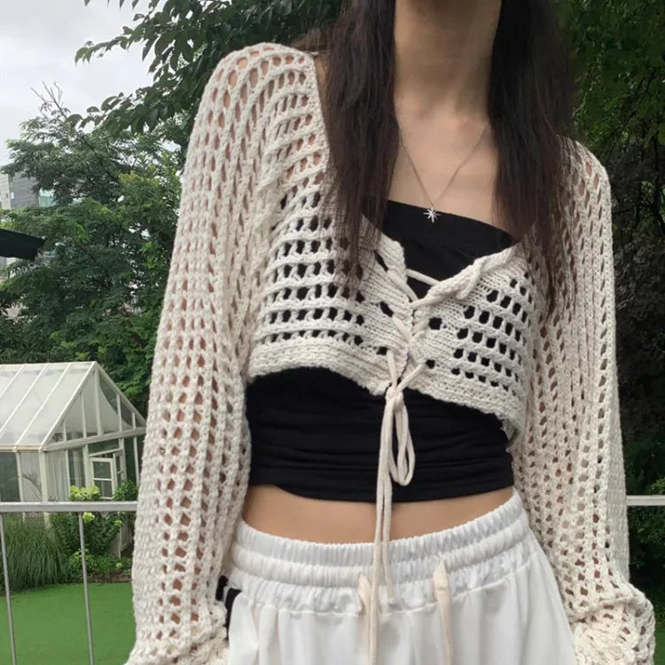 2025 Summer New V-neck Lace Up Cardigan Hollow Out Long Sleeve Tops Women Y2k E-Girl Slim Fit All-match Knitted Pullover