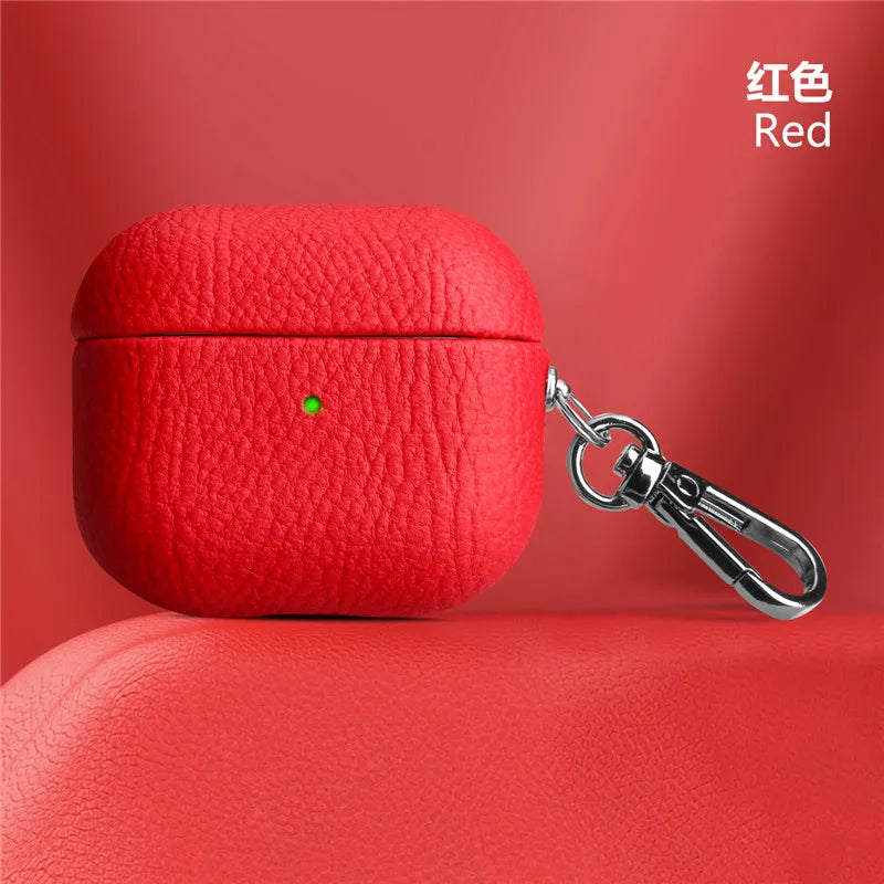 Genuine Leather For AirpPods Pro 2 Case AirPods 1 2 3 cover Bluetooth Earphone Accessories Lychee Pattern Cowhide With Buckle