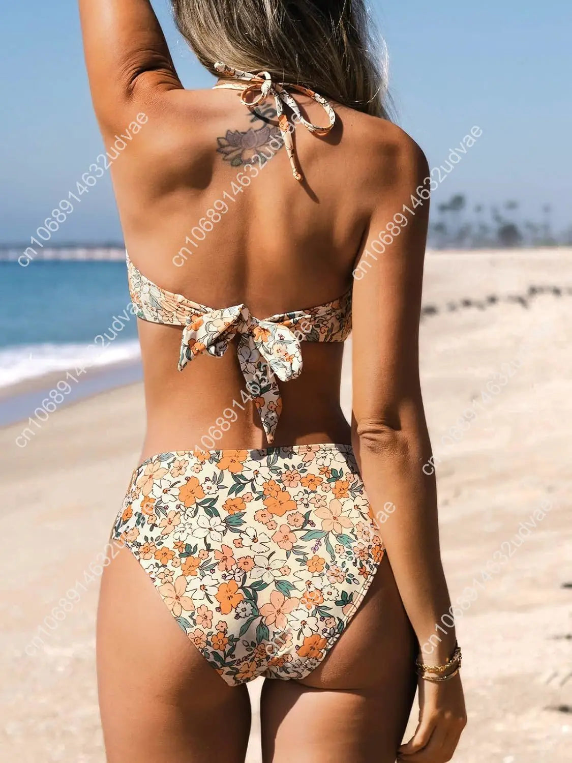 Bikini Set For Women Two Piece Swimsuit Bandeau Top Back Tie Mid Waisted Bottom With Removable Shoulder Straps