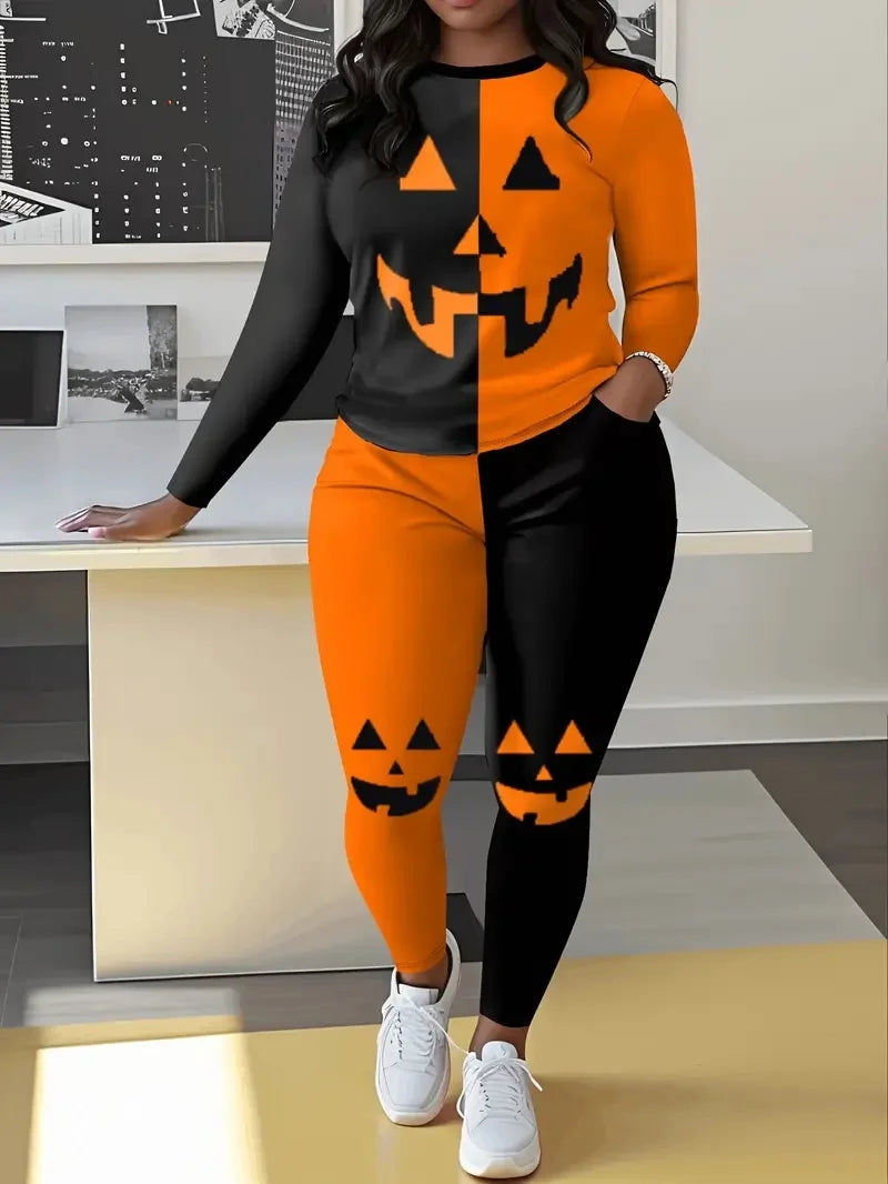 Plus Size Casual Women's Clothing, Fashionable Pumpkin Print Contrasting Color Two-Piece Set, Halloween Women's Suit