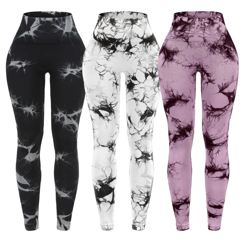 3 Piece Workout Leggings Sets for Women High Waisted Tie Dye Gym Scrunch Butt Lifting Seamless Yoga Leggings Athletic Pants