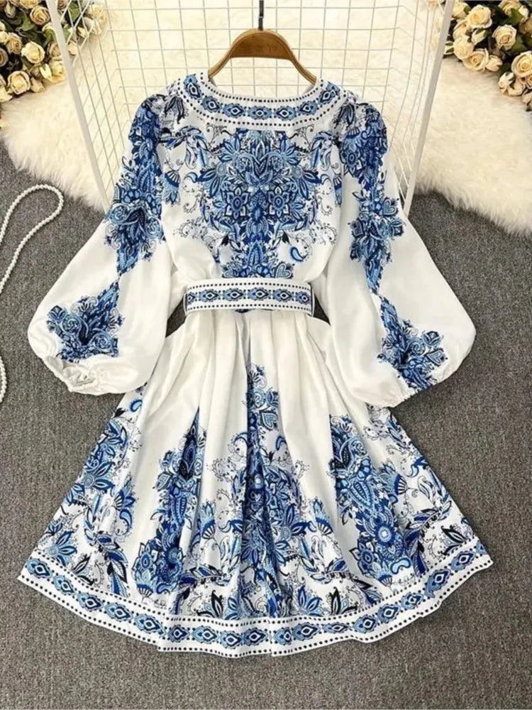 Spring Elegant Women Dress 2025 Fashion Lantern Sleeve V Neck Boho Print Dress Vintage Belt Loose Party Dresses Femme Vestidos