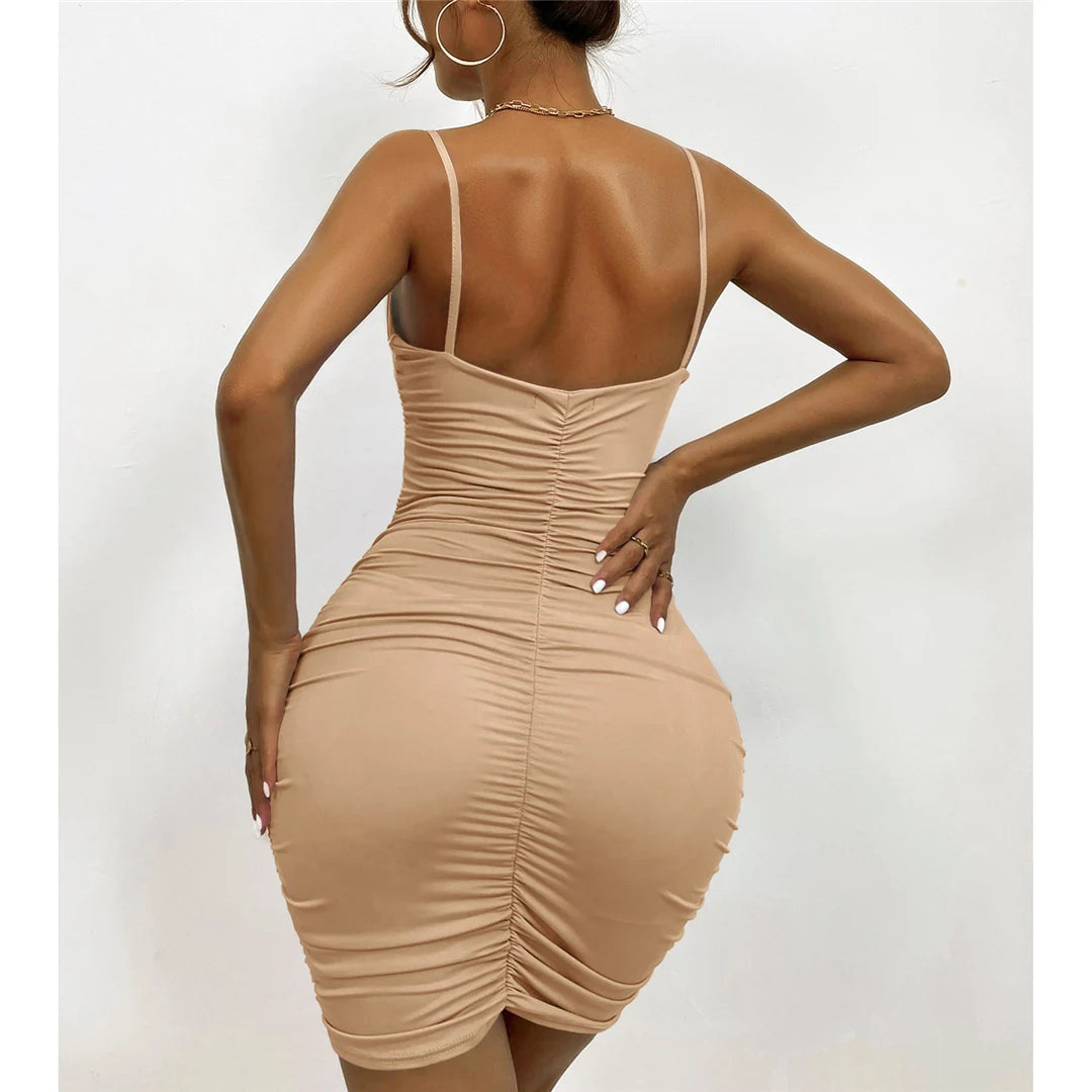 XS - L Sexy Ruched Pleated V Neck Sling Dress Short Club Lady Elegant Summer Bodycon Dress Evening Party Tight Mini Dress VD007