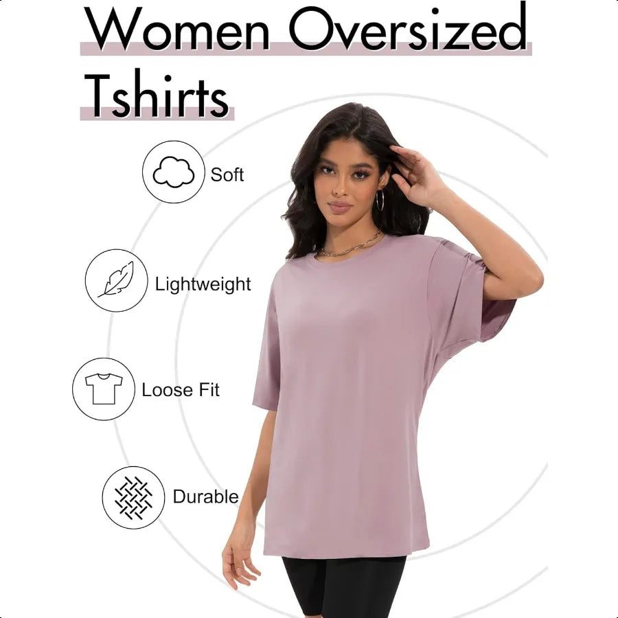 4 Pack Oversized Tshirts for Women Loose Fit Crew Neck Summer Baggy Tops Workout Tees Plus Size T Shirts