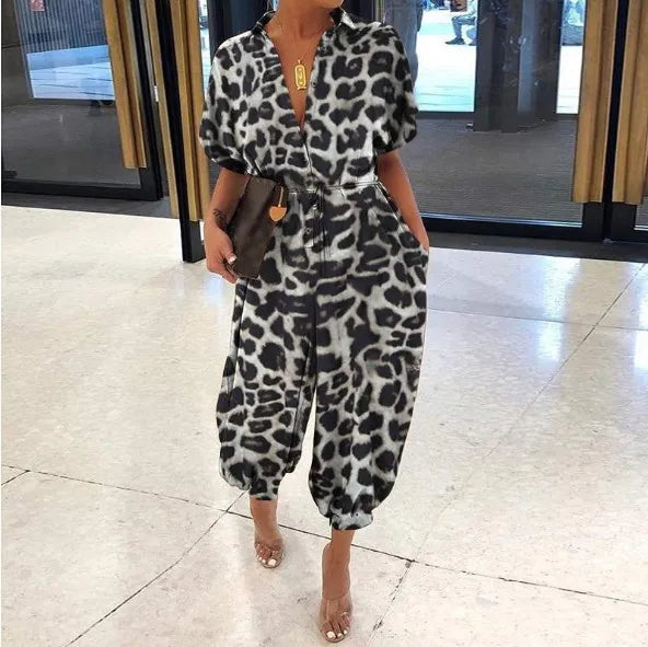 2025 Summer New Dot Leopard Print Jumpsuit Women Short Sleeve Leace-up Pocket Casual Jumpsuits Fashion Vintage Ladies Bodysuits
