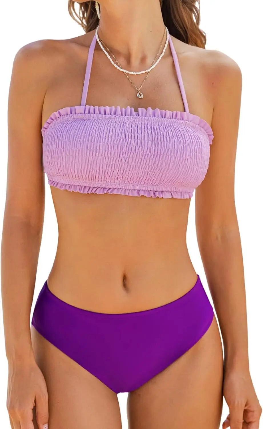 Bikini Set For Women Two Piece Swimsuit Bandeau Top Back Tie Mid Waisted Bottom With Removable Shoulder Straps