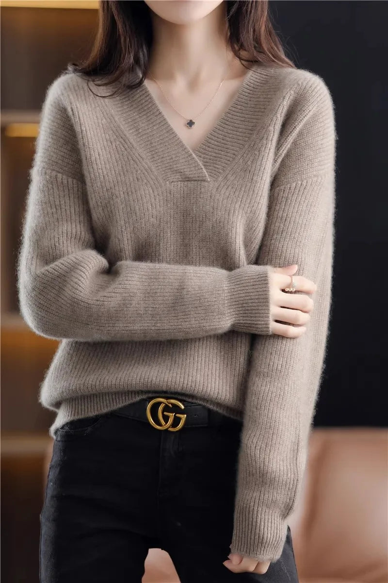 V-neck Basis Pullover Women's Solid Loose Knit Sweater Autumn Winter Jumpers Knitwear Soft Warm Chic Femme Sweater Casual Tops