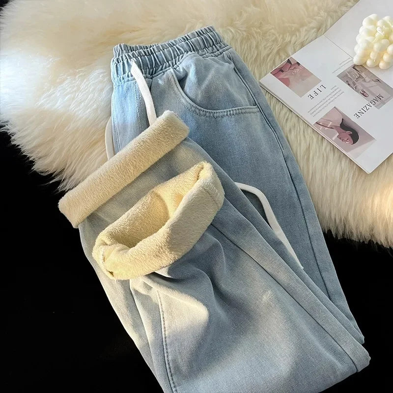 Winter Thiened Jeans Wide Leg Jeans Men's Straight Elastic Waist Corduroy High Street Vintage New Youth Casual Jeans