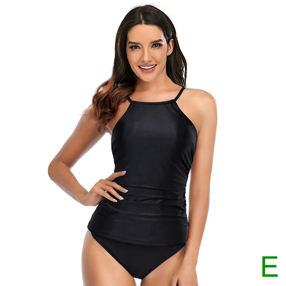 13 Colors Women Conservatively Cover Belly Tankini Set Padded Top With Adjustable Shoulder Straps Elastic Slim Knitted Beachwear