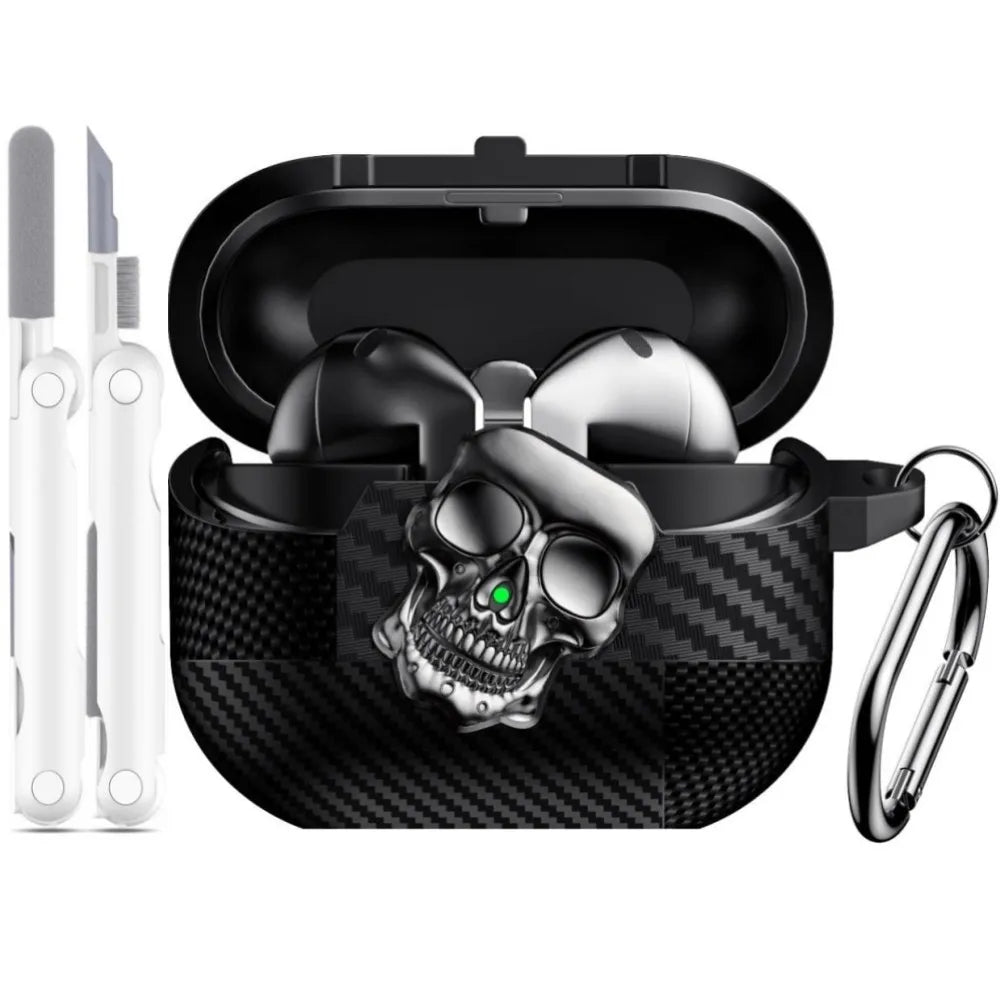 New For Samsung Galaxy Buds 3 Pro with Keychain & Cleaner Kit Funny Skull Carbon Fiber Protective Case For Samsung Galaxy Buds 3