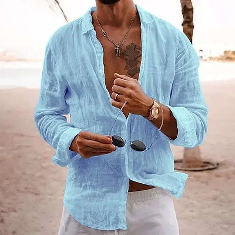 2025 Spring/Autumn New Style Loose Long Sleeve Linen Comfortable Men's Shirt Solid Color Turn-Down Collar Casual British Style