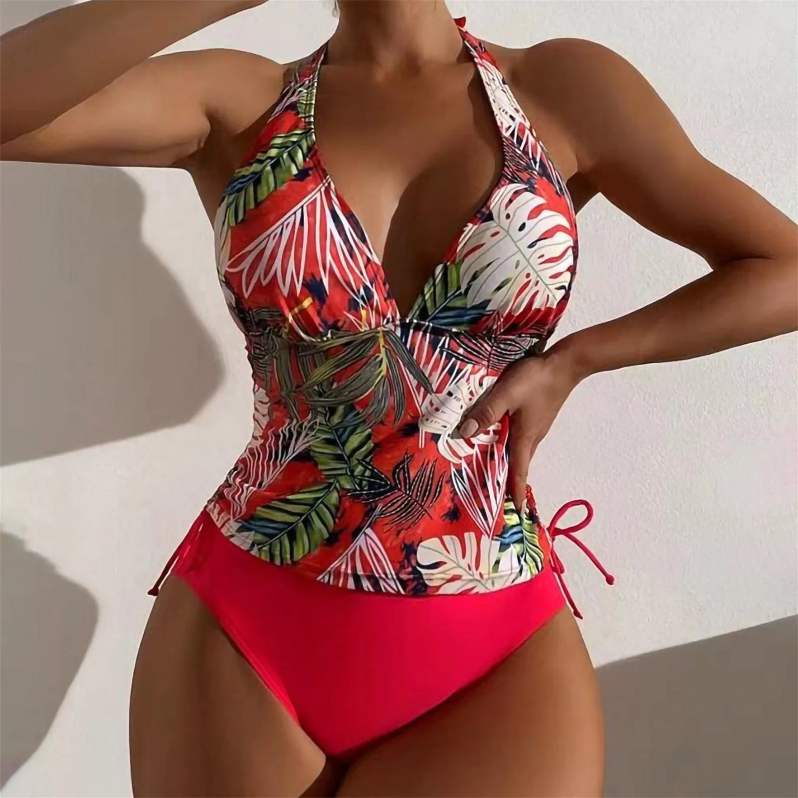 Sexy Halter Deep V Leaf Print Swimwear Ladies Large Size Covering Belly And Slimming Swimwear Triangle Solid Tie Split Swimsuit