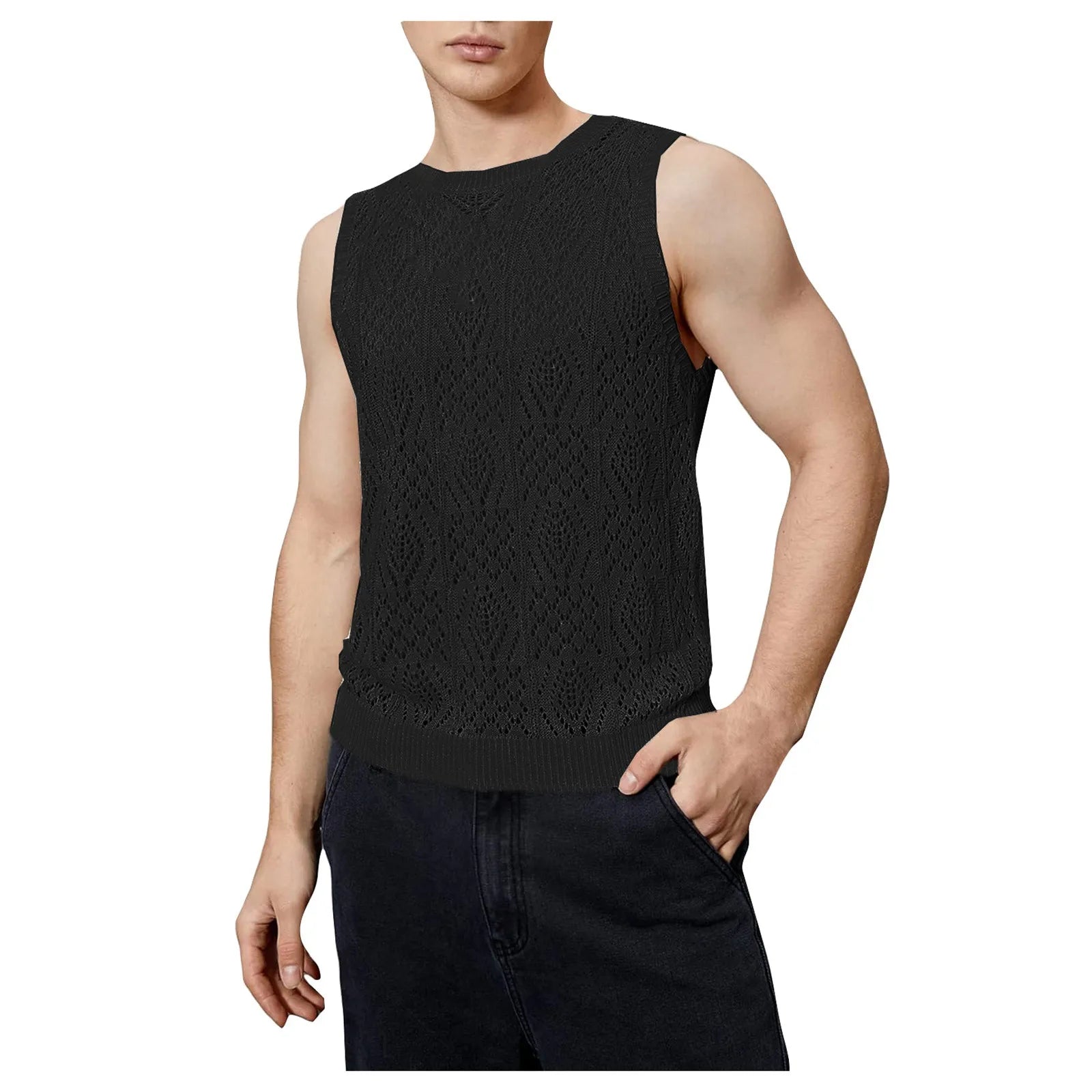 Beach Tops For Men Men'S Knitted Hollowed Out Vest Crew Neck Sleeveless Male Clothes With Designs Camiseta Sin Mangas Hombre
