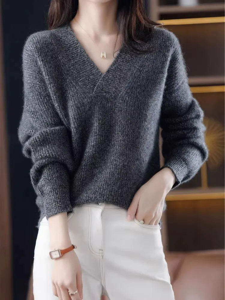 V-neck Basis Pullover Women's Solid Loose Knit Sweater Autumn Winter Jumpers Knitwear Soft Warm Chic Femme Sweater Casual Tops