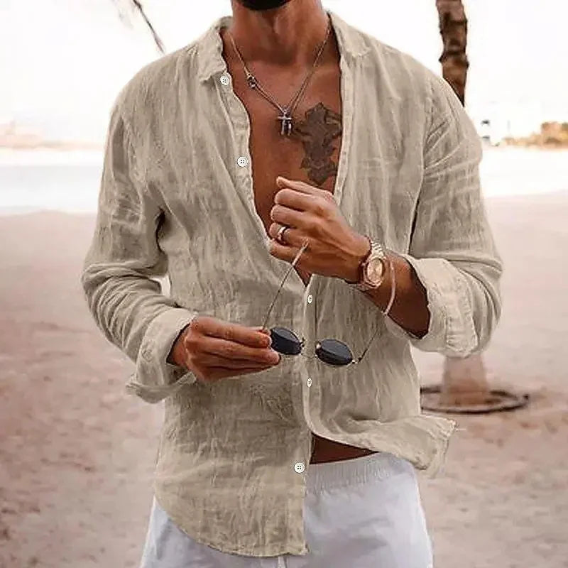 2025 Spring/Autumn New Style Loose Long Sleeve Linen Comfortable Men's Shirt Solid Color Turn-Down Collar Casual British Style