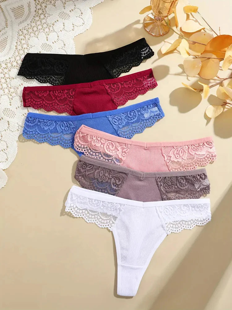 FINETOO 7Pcs Women's Cotton Lace Thongs Sexy Solid Color G-string Low Waist Breathable Bikini Lingerie Female Comfort Panties