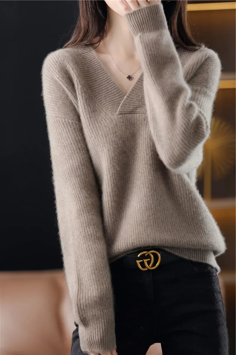 V-neck Basis Pullover Women's Solid Loose Knit Sweater Autumn Winter Jumpers Knitwear Soft Warm Chic Femme Sweater Casual Tops