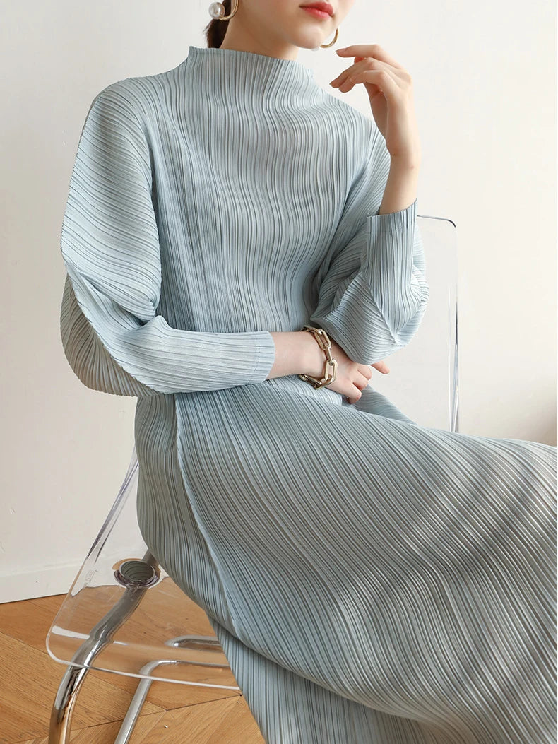 Miyake Pleats Batwing Sleeve Pleated Long Dress Korean High Fashion Causal Elegant Women Designer Clothing
