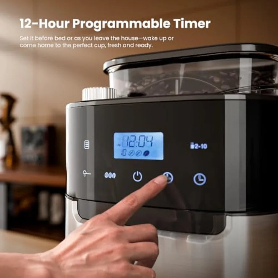 10Cup Digital Drip Coffee Maker with BuiltIn Grinder for Home and Office Use: 12Hour Timer Programmable Settings 1.5L Water Tan