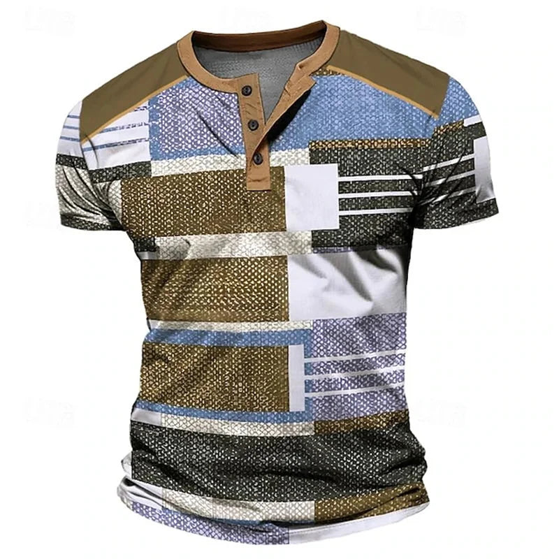 3D Color Splicing Print Men's Henry Shirt Summer Casual Breathable Short Sleeve Tops Fashion Street Loose Clothing Men T-Shirts