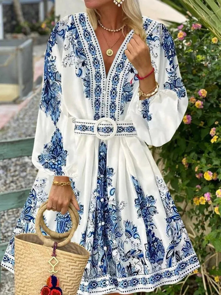 Spring Elegant Women Dress 2025 Fashion Lantern Sleeve V Neck Boho Print Dress Vintage Belt Loose Party Dresses Femme Vestidos