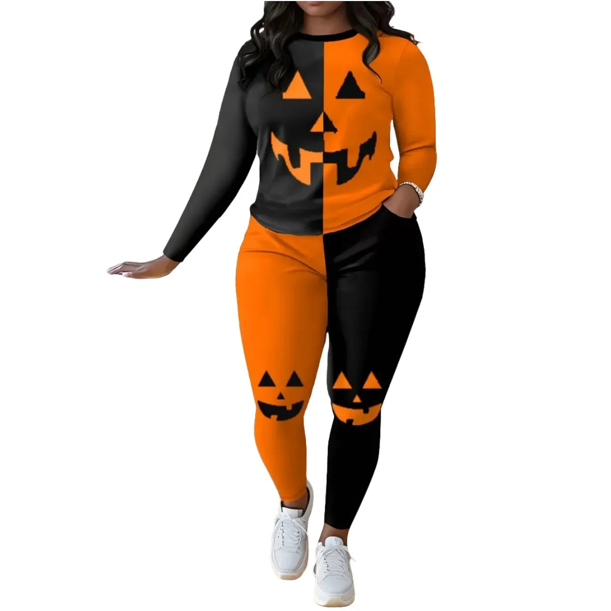 Plus Size Casual Women's Clothing, Fashionable Pumpkin Print Contrasting Color Two-Piece Set, Halloween Women's Suit