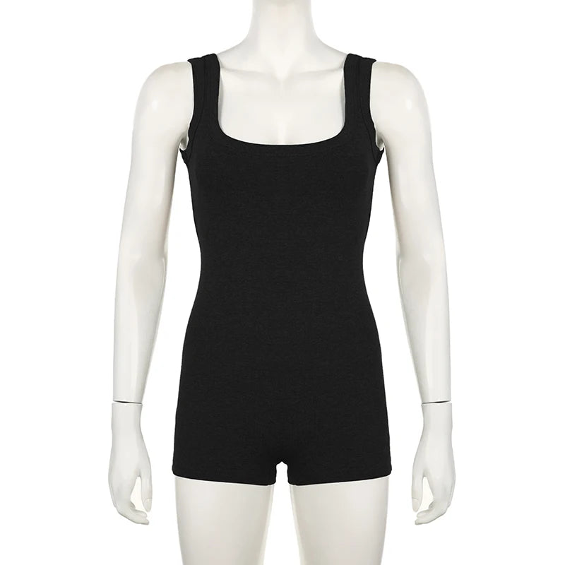 BIIKPIIK Solid Square Collar Women Rompers Casual Sleeveless Knit Playsuits Sporty Jogging Slim Fit Overalls Body-shaping Summer