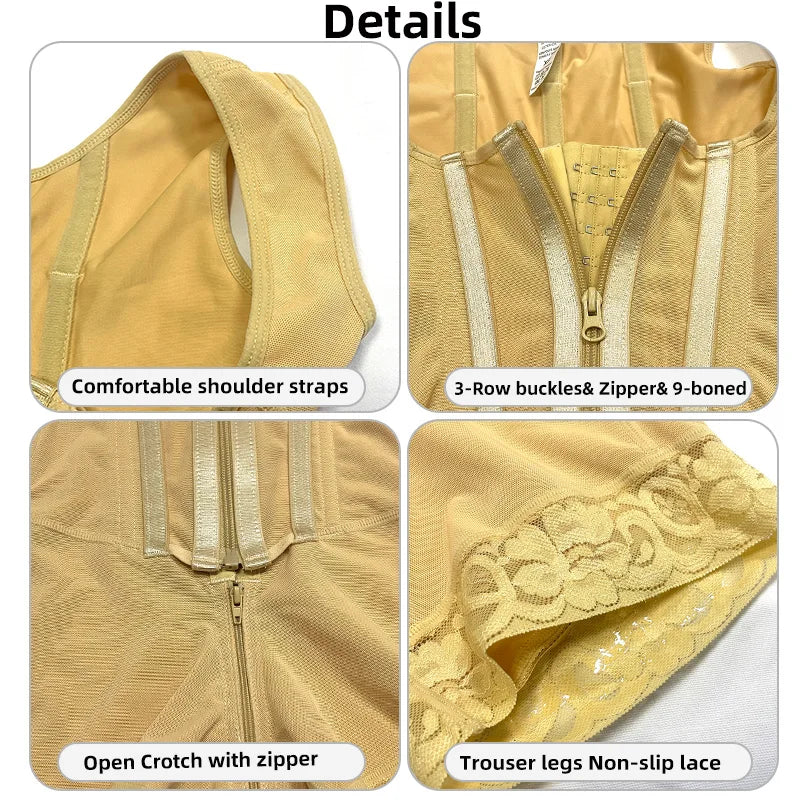 Body Shaper Shapewear Women Bodysuit Colombian Fajas 9-bone High Compression Girdle Double Tummy Control,Open Crotch with Zipper