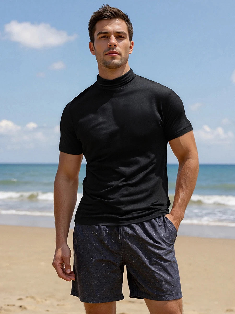 Men s Casual Short Sleeve T-Shirt  Fit Solid Color High Neck Summer Basic Tee Simple Tops for Everyday Wear