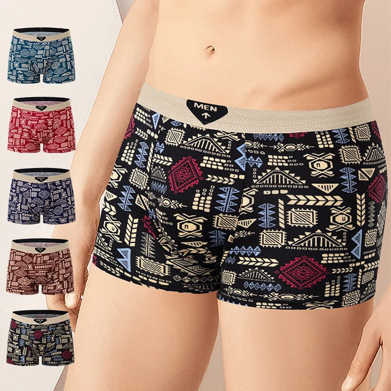 5 Pcs Fashionable And Versatile Printed Underwear For Men In All Seasons Comfortable Plus Size Youth Boxer Shorts Casual Shorts