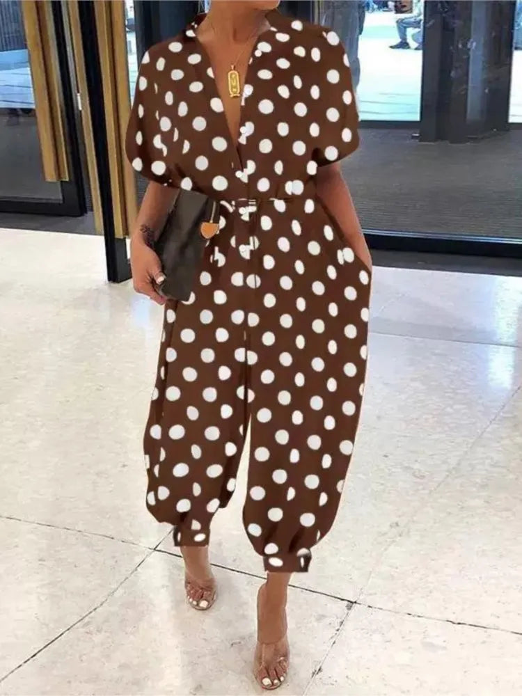 2025 Summer New Dot Leopard Print Jumpsuit Women Short Sleeve Leace-up Pocket Casual Jumpsuits Fashion Vintage Ladies Bodysuits