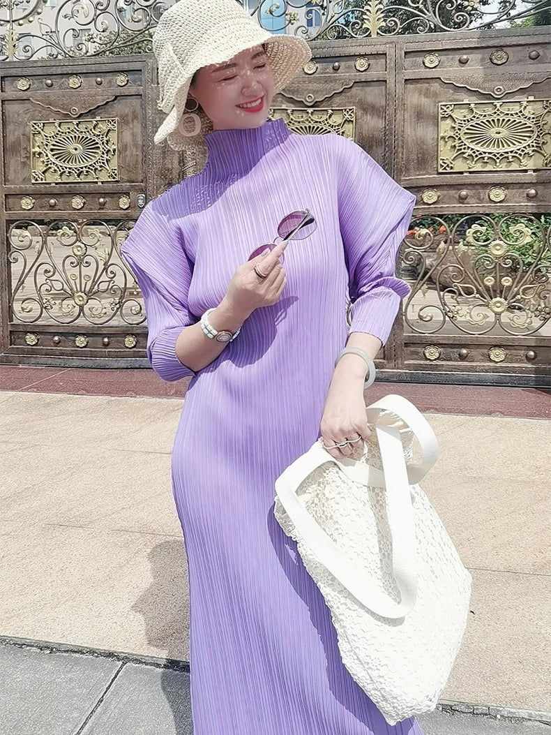 Miyake Pleats Batwing Sleeve Pleated Long Dress Korean High Fashion Causal Elegant Women Designer Clothing