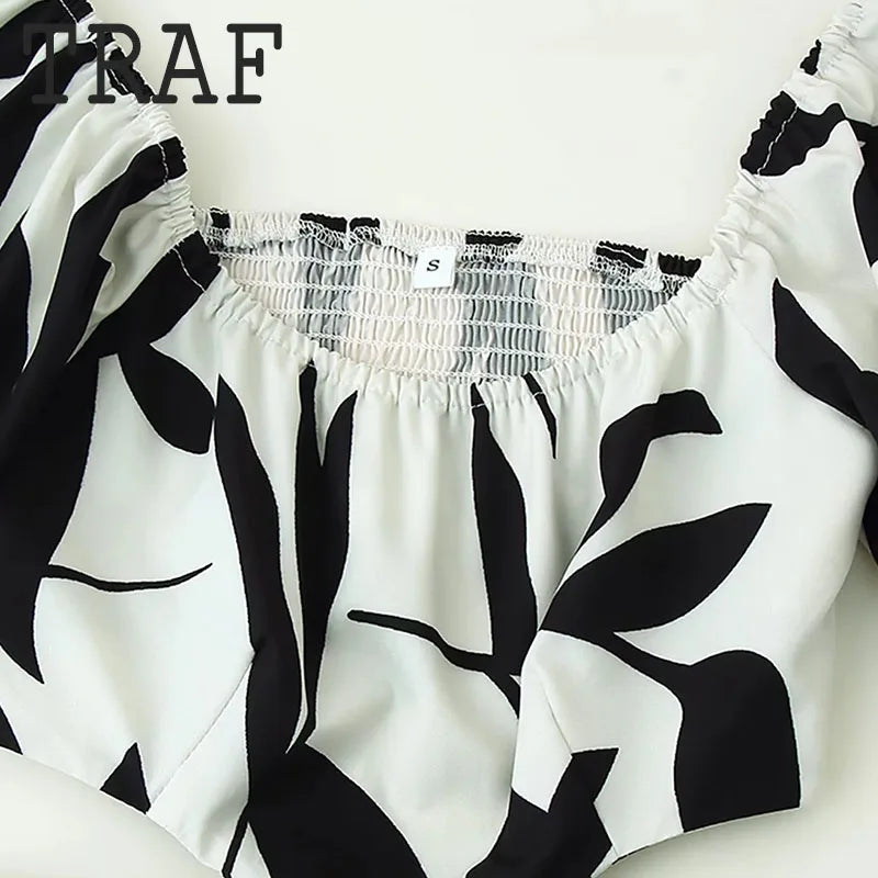 TRAF Elegant Off Waist Dresses For Women Fashion Printed Short Sleeve Dress Lace Up Slim Long Dress Temperament Party Dresses