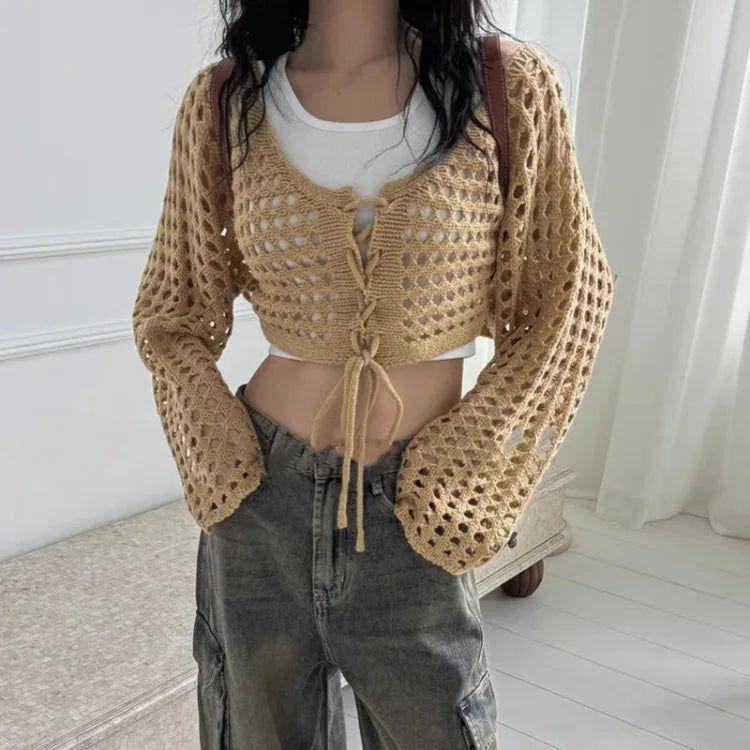 2025 Summer New V-neck Lace Up Cardigan Hollow Out Long Sleeve Tops Women Y2k E-Girl Slim Fit All-match Knitted Pullover
