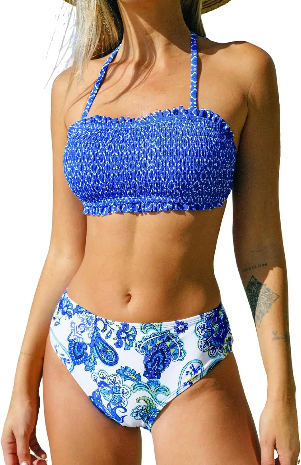 Bikini Set For Women Two Piece Swimsuit Bandeau Top Back Tie Mid Waisted Bottom With Removable Shoulder Straps