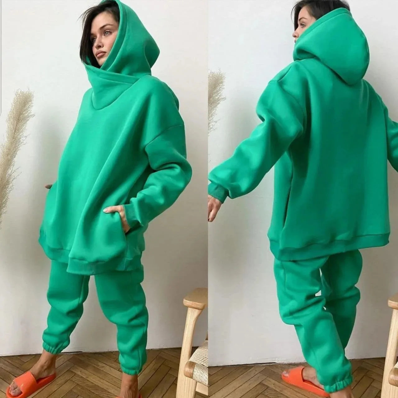 Winter Women's Tracksuit Two Piece Sets Solid Long Sleeve Hooded Running Sports Suit Warm Hoodie Sweatshirts Long Pant