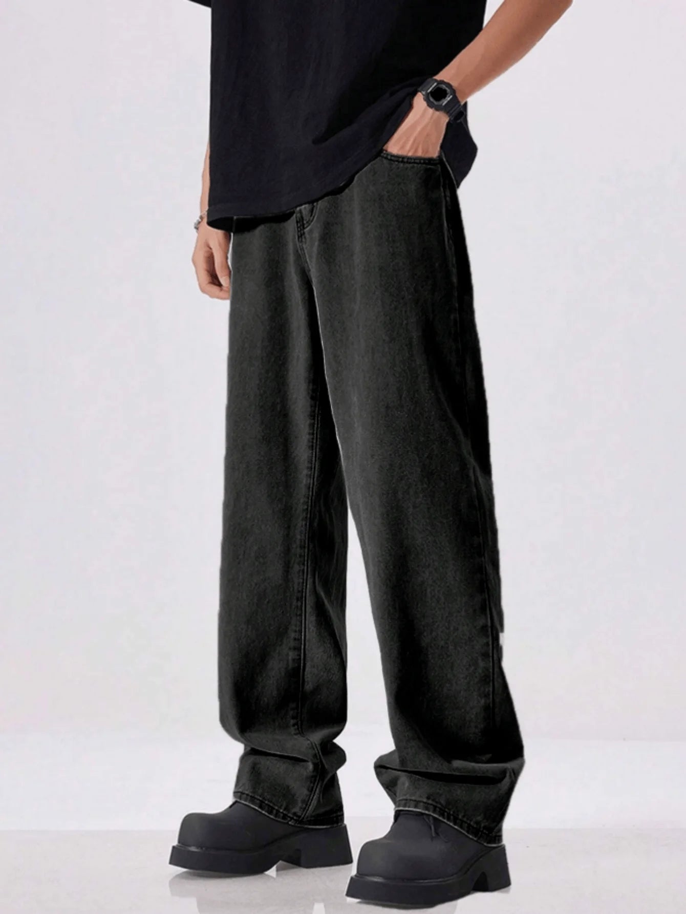 Men's Straight-Leg Business Jeans in Black with Five Pockets and Slim Mid-Rise Professional Versatility