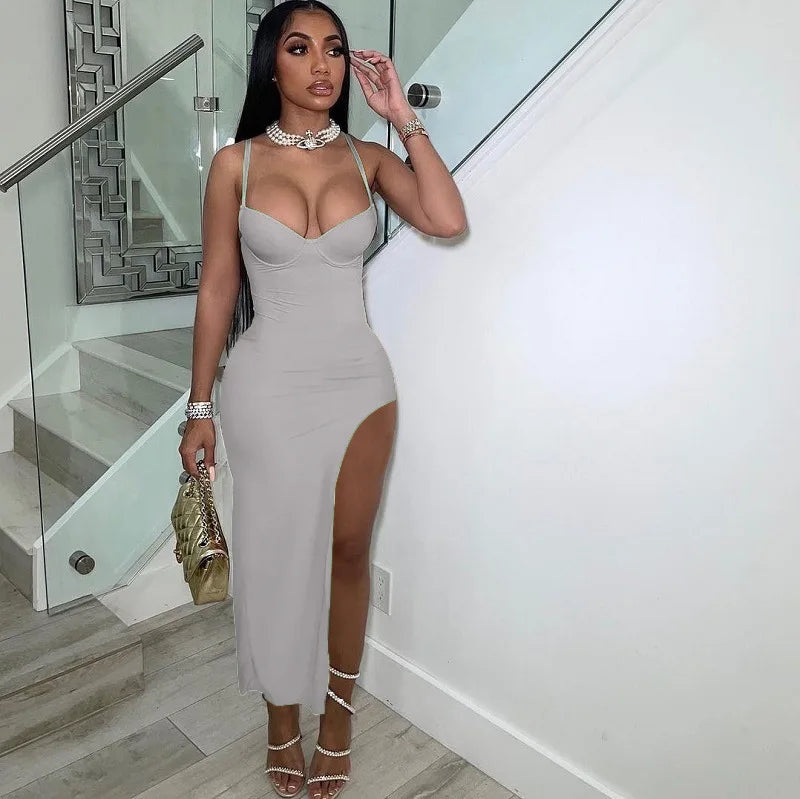 FAGADOER Sexy High Slit Bodycon Long Dress Women Solid Color Spaghetti Strap Backless Dresses Female Streetwear Vestidos 2025